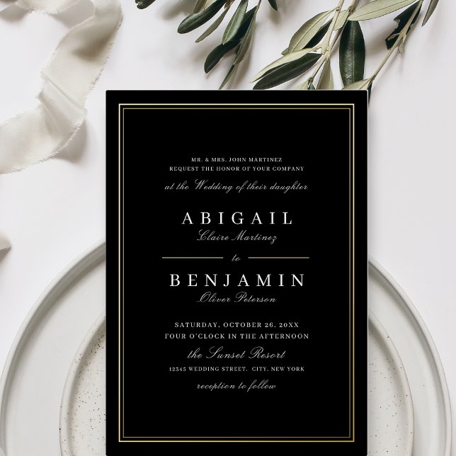 Elegantes schwarzes Gold grenzt an minimalistische Folieneinladung (Elegant black gold borders minimalist wedding foil invitation)