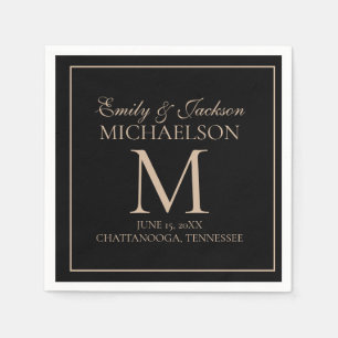 Elegantes schwarzes Gold Hochzeitsmonogramm Serviette