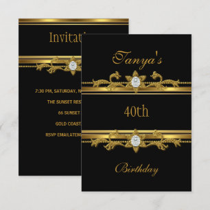 Elegantes schwarzes Gold-Juwel zum 40. Geburtstag Einladung
