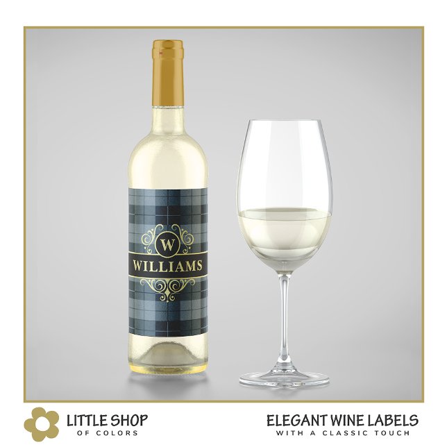 Elegantes Schwarzes Gold Kariert Mit Monogramm Weinetikett (Von Creator hochgeladen)