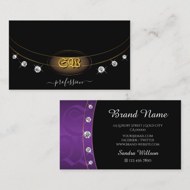 Elegantes Schwarzes Gold Lila mit Monogram Diamond Visitenkarte (Vorne/Hinten)