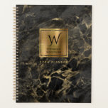 Elegantes Schwarzes Gold Marmormonogramm 2024 Planer<br><div class="desc">Ein eleganter Planer mit einem Hintergrundbild aus schwarzem Marmor mit goldenen Adern. Personalisieren Sie es mit Ihrem Monogramm Initial in schwarz dekorativen Schriftart und Ihrem Namen in schwarz Kupferplatte Schrift auf einem vergoldeten Imitat gebürstete Folie Quadrat, zusammen mit dem Jahr oder anderen Text Ihrer Wahl in Gold auf dem Marmorboden....</div>