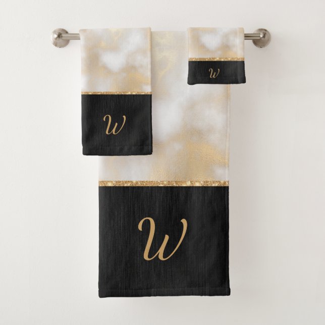 Elegantes Schwarzes Gold Mit Monogramm Badhandtuch Set (Insitu)
