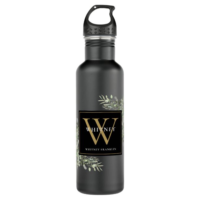 Elegantes Schwarzes Gold Monogram Edelstahlflasche (Vorderseite)