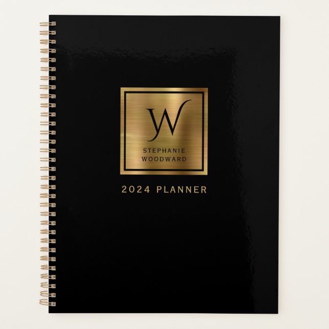 Elegantes Schwarzes Gold Monogramm 2024 Planer (Vorderseite)