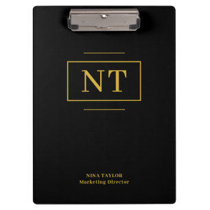 Elegantes schwarzes Gold-Monogramm-Büroaccessoire Klemmbrett