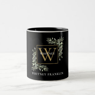 Elegantes schwarzes Gold-Monogramm Eukalyptus-Grün Zweifarbige Tasse