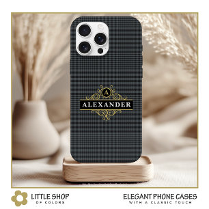 Elegantes schwarzes Gold-Monogramm Glen Plaid Case-Mate iPhone Hülle