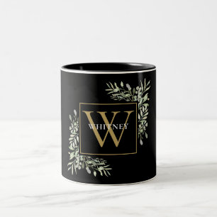 Elegantes schwarzes Gold-Monogramm Grün Floral Zweifarbige Tasse