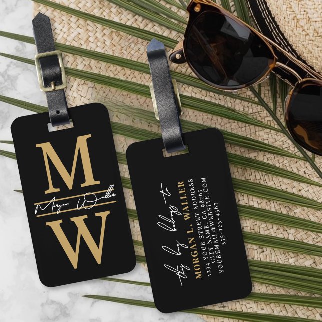 Elegantes schwarzes Gold-Monogramm Name Gepäckanhänger (Elegant Black Gold Monogram Name Luggage Tag)