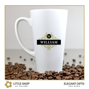 Elegantes schwarzes Gold-Monogramm-Namensinitial Milchtasse