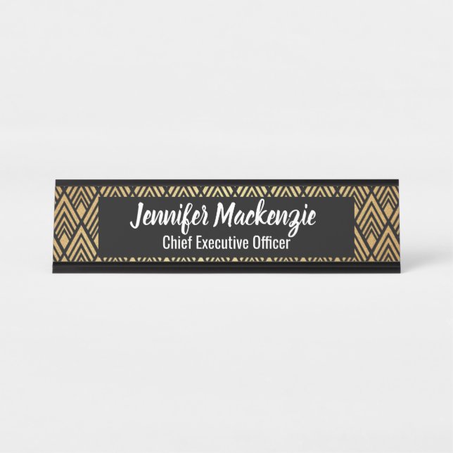 Elegantes Schwarzes Gold Namensschild Art Deco Des (Vorderseite )