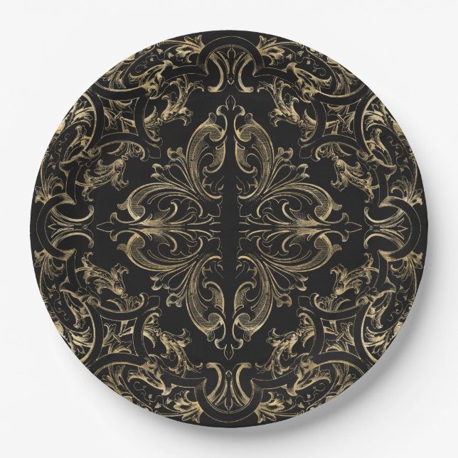 Elegantes Schwarzes Gold Pappteller (Vorderseite)