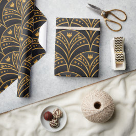 Elegantes Schwarzes Gold Scallop Muster Art Deco Geschenkpapier