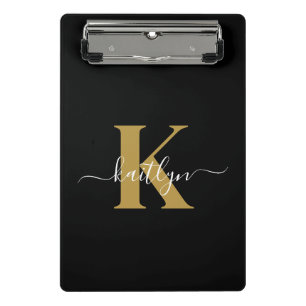 Elegantes schwarzes Gold-Schriftmonogramm Mini Klemmbrett