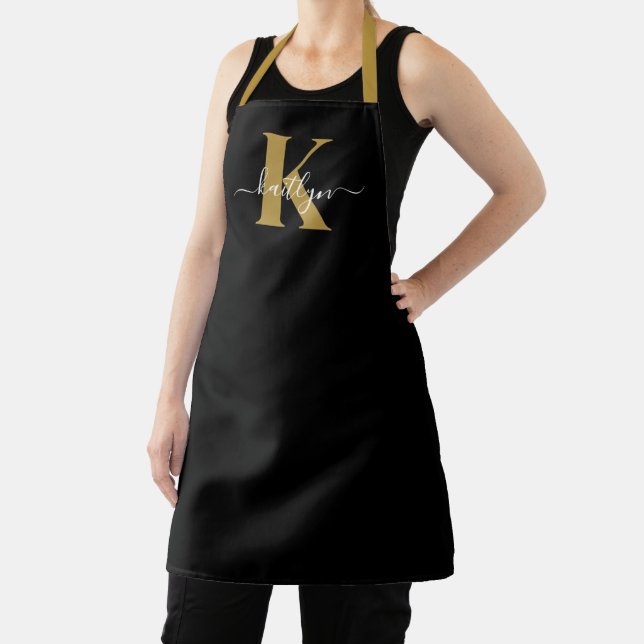 Elegantes schwarzes Gold-Schriftmonogramm Schürze (InSitu)