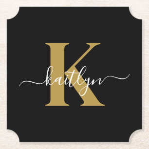 Elegantes schwarzes Gold-Schriftmonogramm Untersetzer
