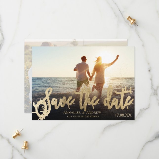 Elegantes schwarzes Gold-Script 2 Fotos Save the D Save The Date (Vorderseite/Rückseite Beispiel)