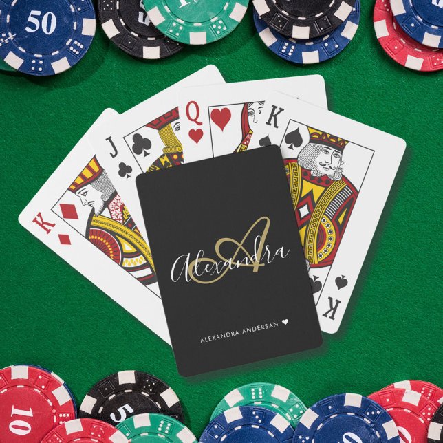 Elegantes Schwarzes Gold-Script Initialname Monogr Spielkarten (Elegant Black Gold Script Initial Name Monogram Poker Cards)