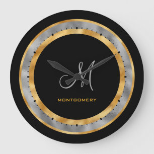 Elegantes schwarzes Gold-Silberfolien-Monogramm na Große Wanduhr