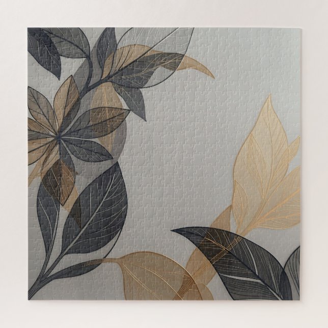 Elegantes schwarzes Gold stilisiertes Blatt Botani Puzzle (Vertikal)