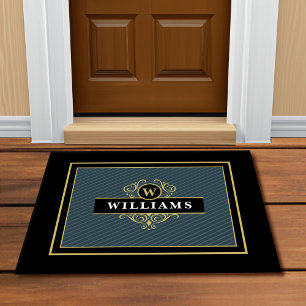Elegantes schwarzes Gold-Streifenmuster-Monogramm Fußmatte