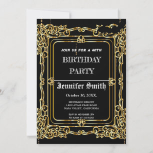 Elegantes schwarzes Gold Vintag 40. Geburtstag Einladung