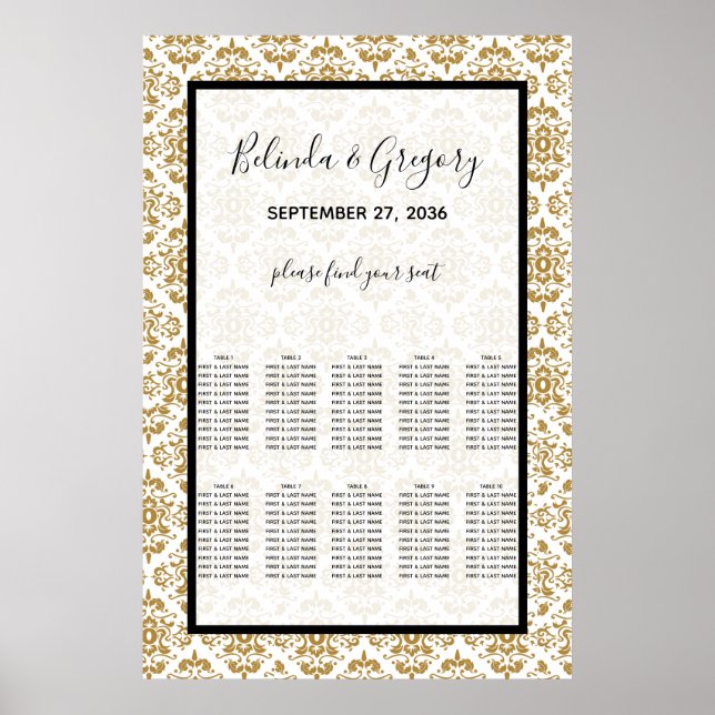 Elegantes Schwarzes Gold Vintages Seating Chart Poster (Vorne)