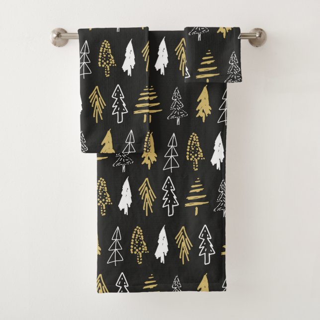 Elegantes Schwarzes Gold Weihnachtsbaum Muster Badhandtuch Set (Insitu)