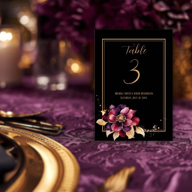 Elegantes, schwarzes goldenes Bordeaux auf doppels Tischnummer (Elegant white gold burgundy double sided table number.)