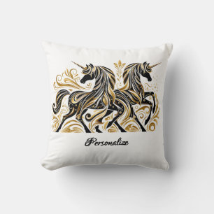 Elegantes schwarzes goldenes Einhorn Personalisier Kissen