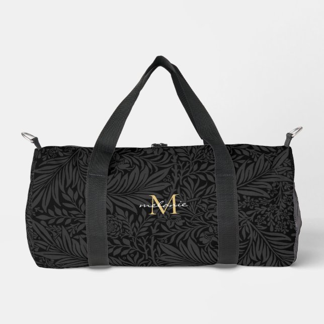 Elegantes schwarzes goldenes florales Schriftmonog Duffle Bag (Vorderseite)