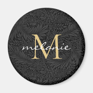 Elegantes schwarzes goldenes florales Schriftmonog Magnet