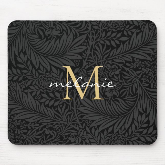 Elegantes schwarzes goldenes florales Schriftmonog Mousepad (Vorne)