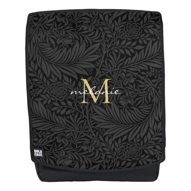 Elegantes schwarzes goldenes florales Schriftmonog Rucksack (Vorderseite)