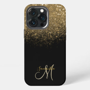 Elegantes schwarzes & goldenes Glitter-Monogramm iPhone 13 Pro Hülle