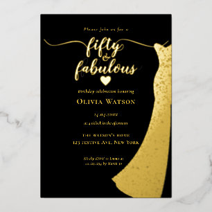 Elegantes schwarzes goldenes Kleid 50 und fabelhaf Folieneinladung