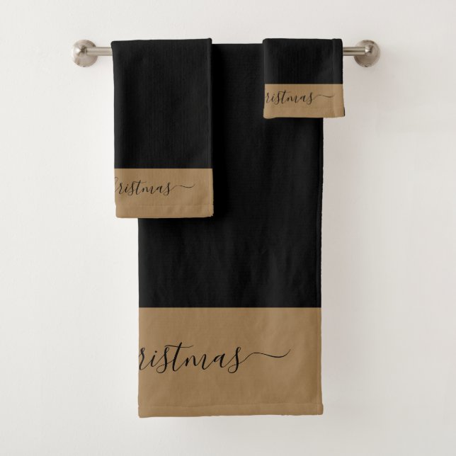 Elegantes schwarzes goldenes Schriftzug Frohe Weih Badhandtuch Set (Insitu)