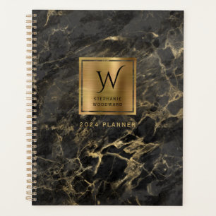 Elegantes schwarzes Goldmarmor-Monogramm 2024 Planer