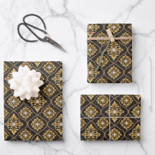 Elegantes schwarzes Goldmuster mit Fliesen Geschenkpapier Set