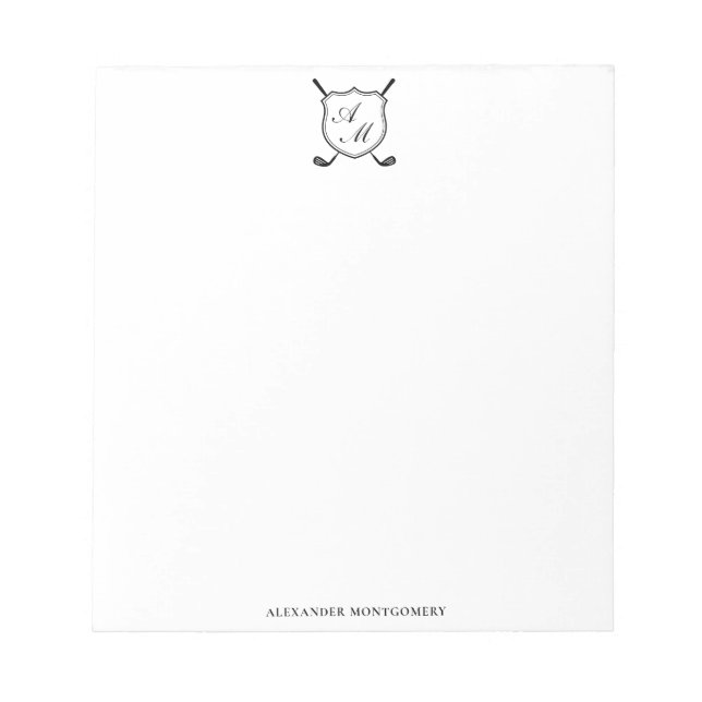 Elegantes schwarzes Golf-Monogramm-Wappen Notizblock (Vorderseite)