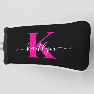 Elegantes schwarzes, heißrosa Schriftmonogramm Golf Headcover