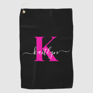 Elegantes schwarzes, heißrosa Schriftmonogramm Golfhandtuch