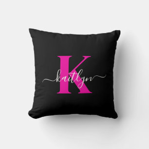 Elegantes schwarzes, heißrosa Schriftmonogramm Kissen