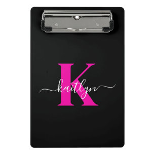 Elegantes schwarzes, heißrosa Schriftmonogramm Mini Klemmbrett