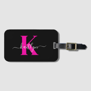 Elegantes schwarzes, heißrosa Skript-Monogramm Gepäckanhänger
