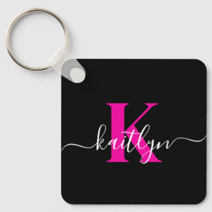 Elegantes schwarzes, heißrosa Skript-Monogramm Schlüsselanhänger