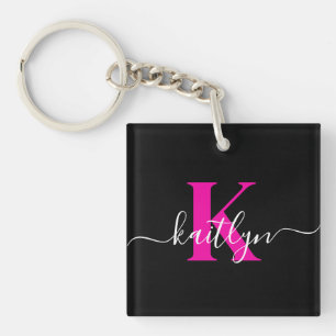 Elegantes schwarzes, heißrosa Skript-Monogramm Schlüsselanhänger