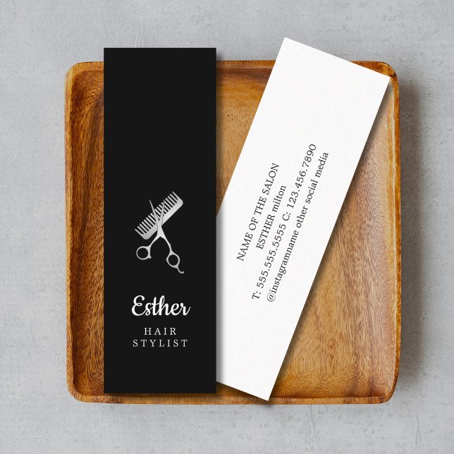 Elegantes Schwarzes Imitat Silberschere Friseurin Mini Visitenkarte (Von Creator hochgeladen)