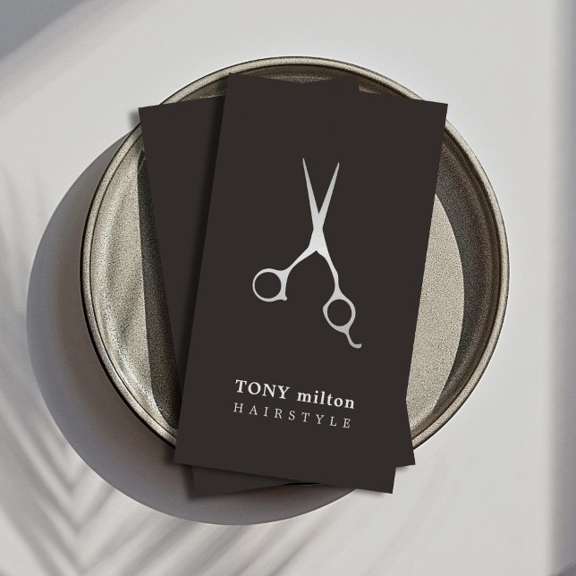 Elegantes Schwarzes Imitat Silberschere Friseurin Visitenkarte (Von Creator hochgeladen)